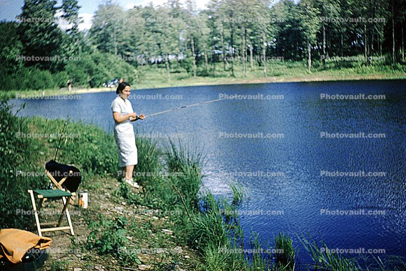 fishing pole, lake, 1958, 1950s