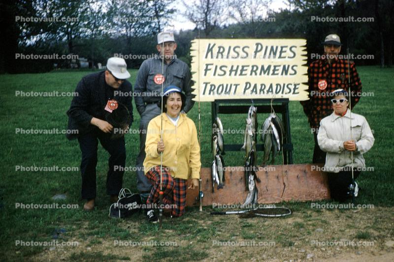 fish catch, Kriss Pines, Fishermens Trout Paradise, Pennsylvania, 1959, 1950s
