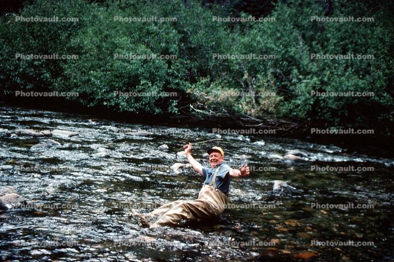 fisherman, river, water, stream, waterproof fishing pants, 1976, 1970s