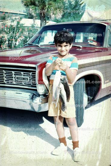 fish catch, boy, car, 1969, 1960s