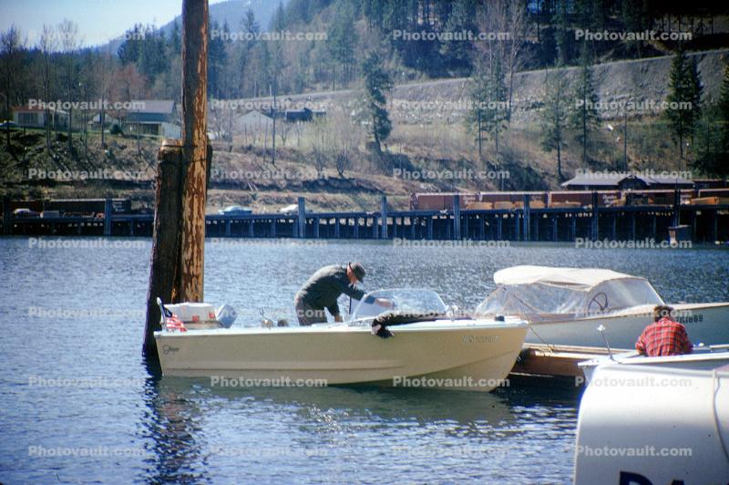 boat, dock, harbor, train, outboard motor boat, 1965, 1960s