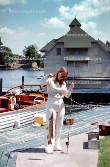 Fishing Pole, fish catch, Pike, Woman, Fish, Rod & Reel, Dock, Boat, Harbor, 1975, 1970s