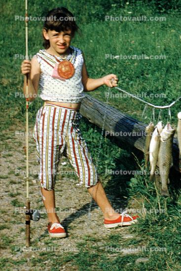 fish catch, fish pole, Girl, Rod, Reel, Fish, Smiling, 1958, 1950s