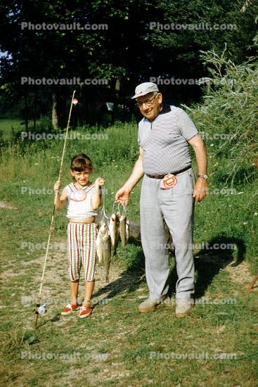 Man, Girl, Rod and reel, Fish catch, fishing pole, grandpa, grandaughter, 1958, 1950s