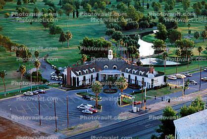 Golf Club, Building, pond, lake, parked cars