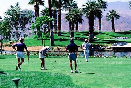 putting green, trees, golfers, lake, Palm Springs