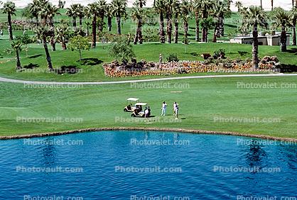 paths, water hazard, lake, golfer, golf cart, trees, Palm Desert, California