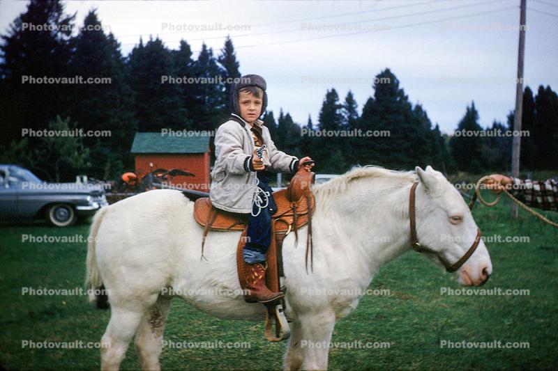 Boy, White Horse, Saddle, boots, 1950s