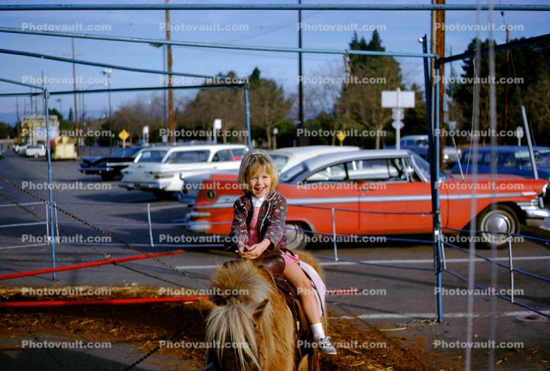 Laughing Girl on a Pony Ride, Cars, County Fair, 1950s