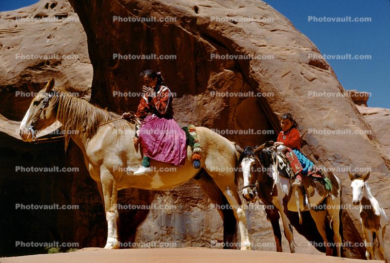 Navajo Woman, Girl, Horses, Rock, Arizona