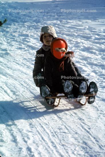Boys Sledding Downhill, Snow, Winter, Coats, 1950s