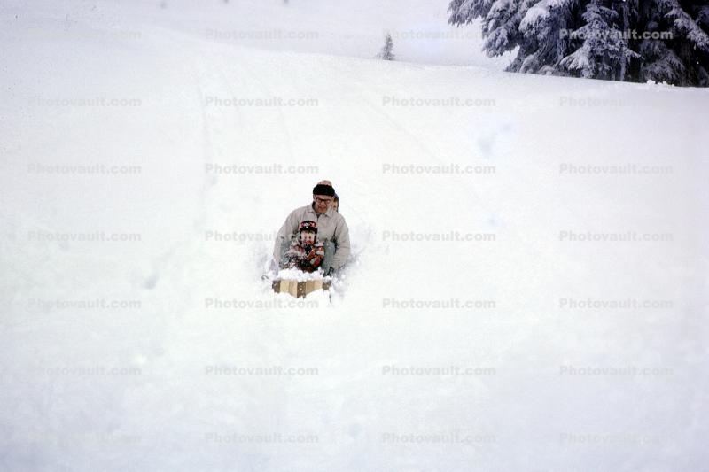 Sled, Man, Girl, ride, Snow, 1950s