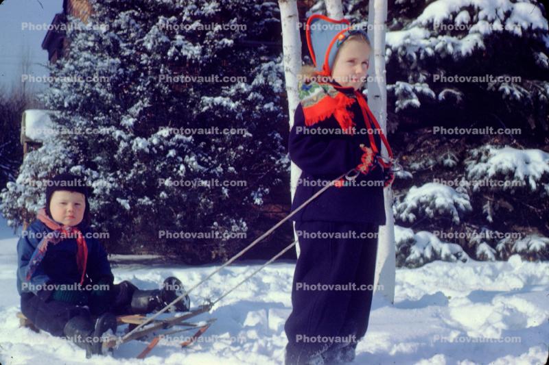 Girl, Boy, Sister, Brother, Snow, Sled, cute, 1940s