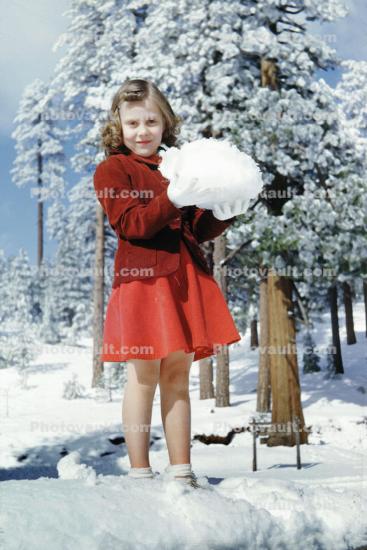 Girl With Giant Snowball, Cute, Dress, Forest, 1950s