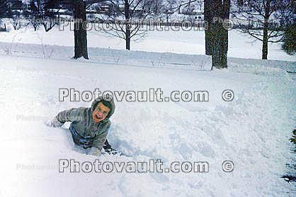 Laughing Boy in the Cold Snow, smiles, jacket, mittens, 1960s