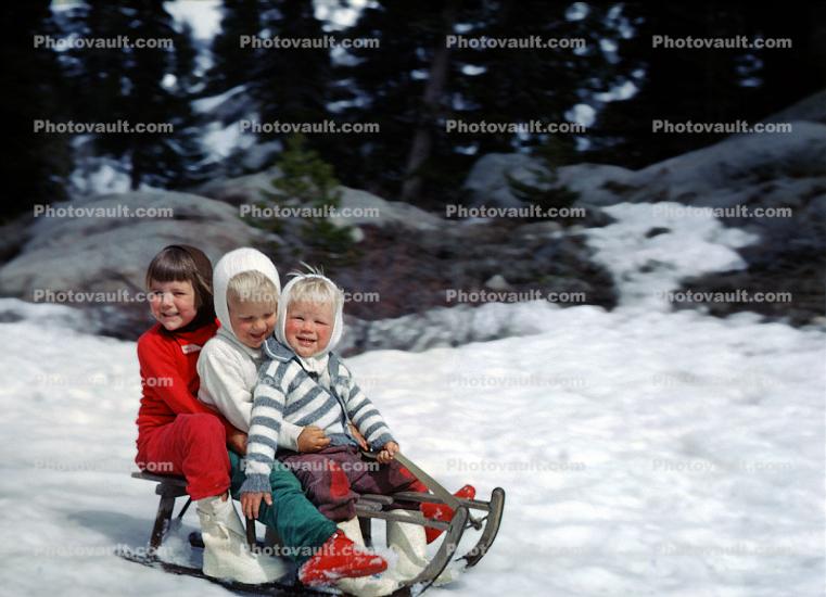Children on a Sled, funny, cute, Winter, Snow, 1960s