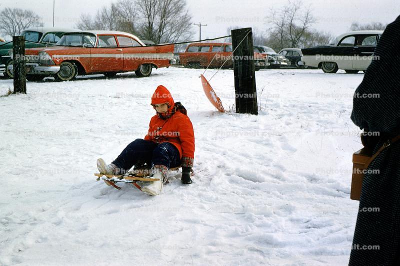 Girl Sledding, Snow, Ice, Winter, Parked Cars, 1950s