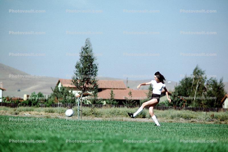 Field, Girl, Running, Playing, Kicking, Soccer Ball