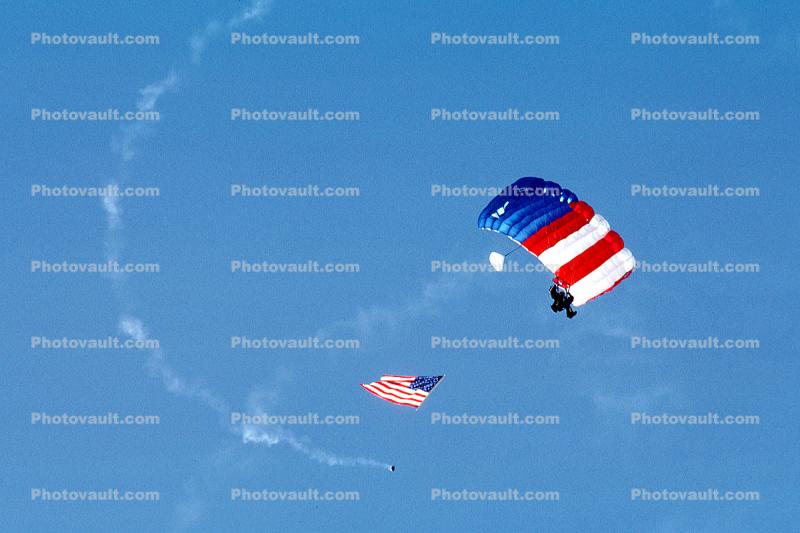Ram Air Parachute, canopy, USA Flag, smoke, skydiving, diving