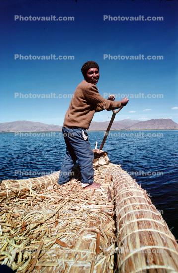 Man, smiles, water, mountains, Reed Boat, Totora Reeds, Lake Titicaca