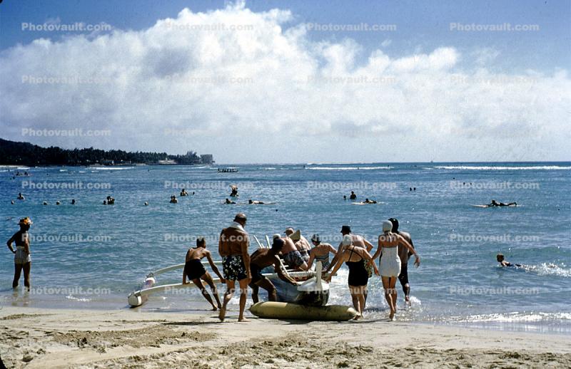 Outrigger, Beach, Pacific Ocean, Hawaii, January 1956, 1950s
