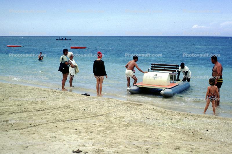 Pontoon Boat, beach, ocean, bathing suits, Cayman Islands, may 1966, 1960s