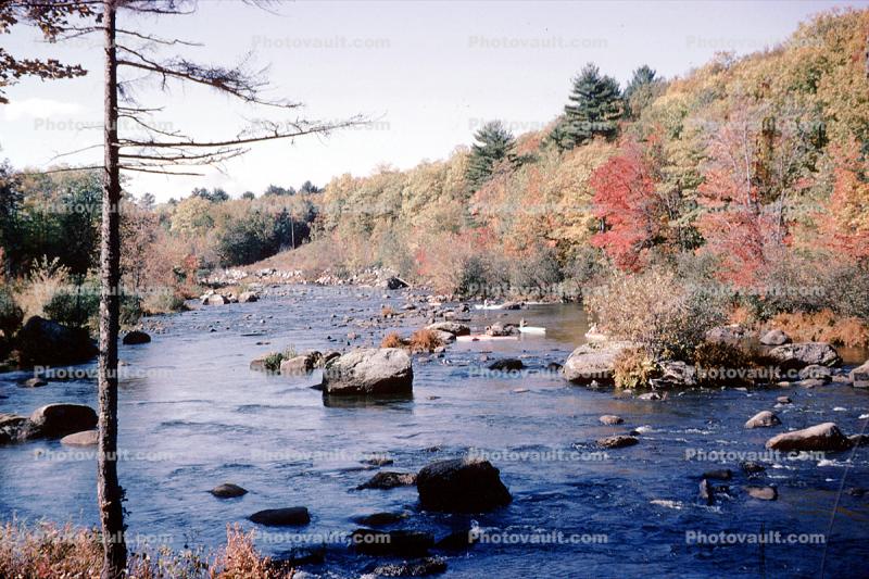 Forest, Woodland, River, Kayak, rocks, boulders, fall colors, Vermont, September 1965, 1960s, autumn