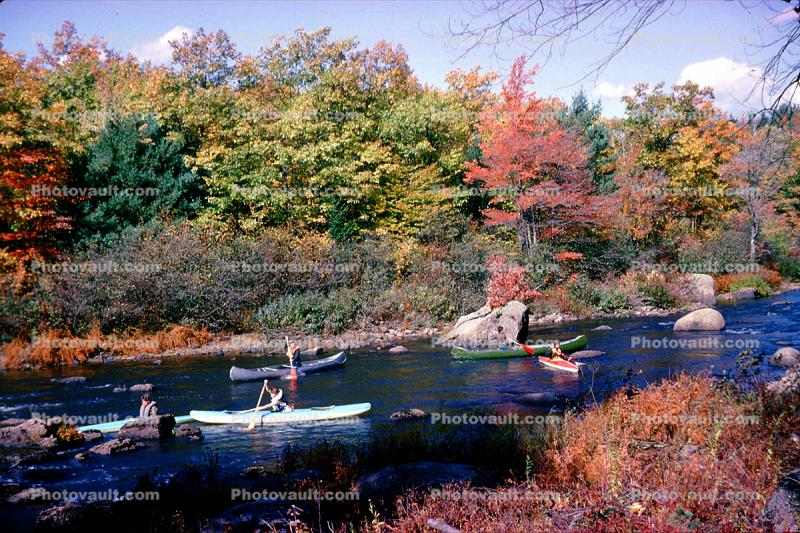 Autumn, Woods, Forest, Woodland, River, Kayak, rocks, boulders, fall colors, Vermont, September 1965, 1960s