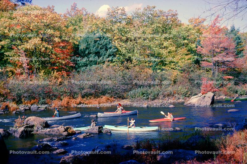 Forest, Woodland, River, Kayak, rocks, boulders, fall colors, Vermont, September 1965, 1960s, autumn
