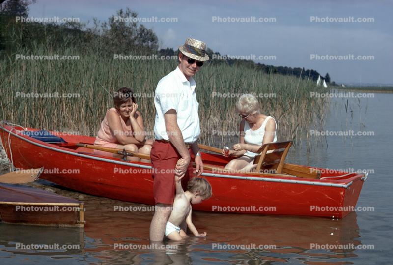 Lazy Summer Day, Red Rowboat, Lake, water, man, women, boy, 1950s