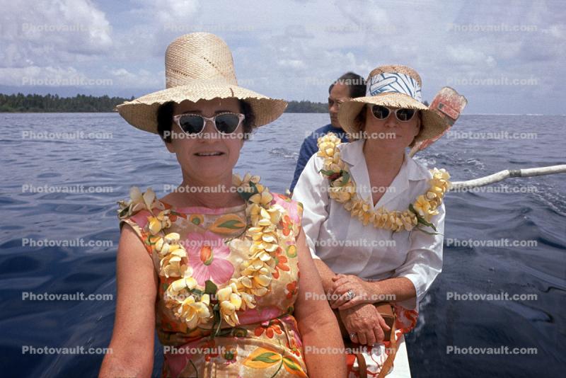 Two Women, Leis, Hats, Sun Glasses, 1950s