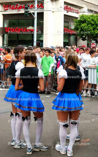 Women, Knee socks, miniskirts, mini skirts, slips, Bay to Breakers Race, Howard Street, SOMA, 2005