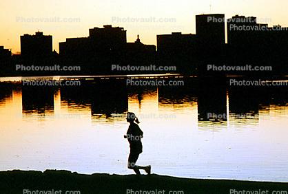 sunset, water, runner, woman, female, reflection, buildings, Lake Merritt