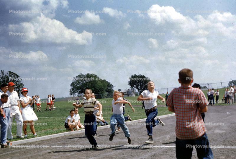 Boys, finish line, running, track meet, 1950s