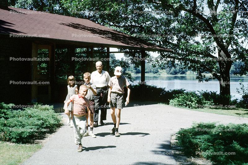 Boys, Girl, Man, walking, 1950s