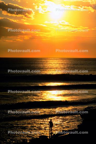 Sunset, Water, Foam, Clouds, Pacific Ocean, surfer, waves