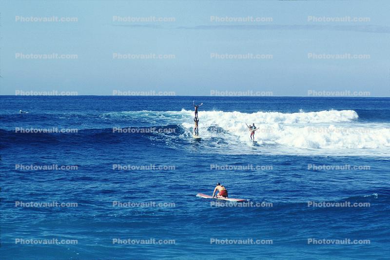 Stunt Surfing, Tandem trick surfing, surfers, wave, 1960s