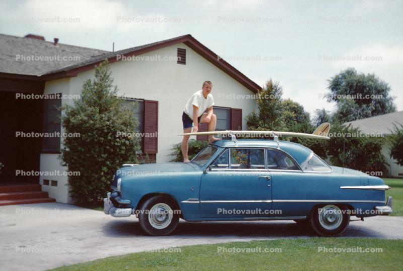 Ford Customline Car, Surfboard, 1950s