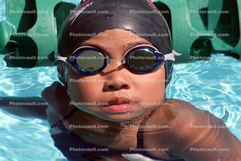 Goggles, Girl, Bathing Cap, Pool