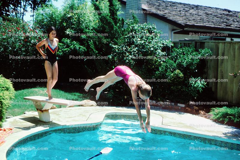 Diving Girl, Diving Board, Backyard Pool, Pool