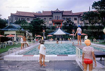 Swimcap, Pool, Swimsuit, Hotel, Diving Board, Bathingcap, Summer, Summertime, 1950s