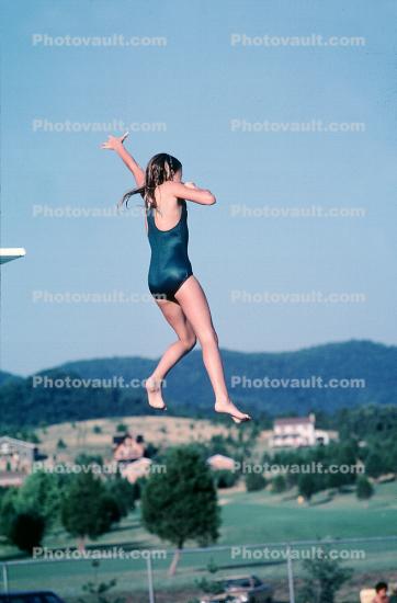 Girl Jumping, Diving Board, Jump, Airborne, 1950s