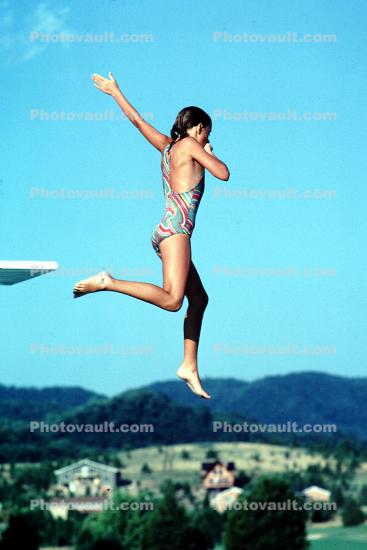 Girl Jumping, Diving Board, Airborne, 1950s