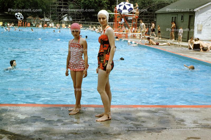 Girls by a Pool, Water, Bathing Cap, 1950s