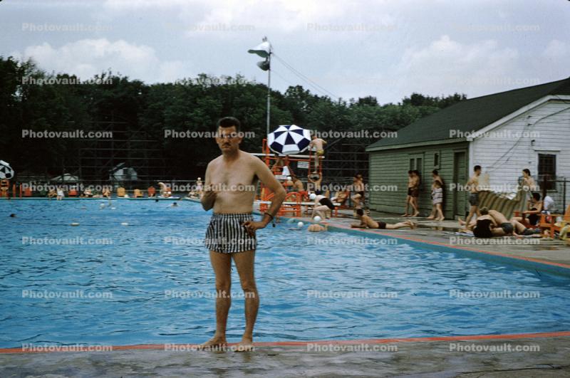 Man by the  Pool, Water, swimsuit, trunks, legs, 1950s