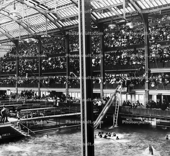 Sutro Baths, swimmers, complex, crowds, onlookers, slide, bathers, gallery, landmark, 1910's