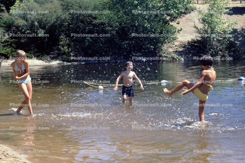 Girls and a Boy, Splashing, Pond, Lake