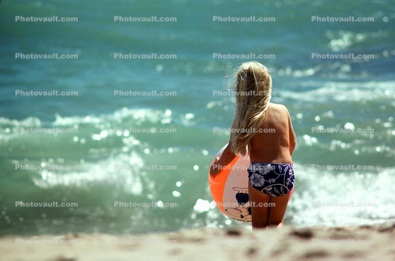 Girl, Beach, Waves, Beachball, 1970s