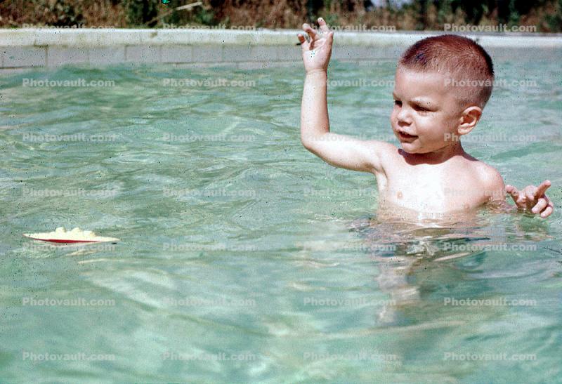 Boy, Boat, Floating, Arms, Water, Summer Fun, 1950s