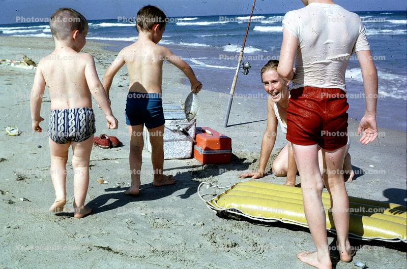 Sand, Water, beach, raft, smiles, 1950s